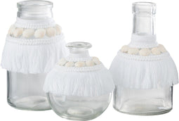 J-Line vaas Schelpen - glas/textiel - wit - large - 14.5 cm hoog