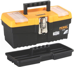 Perel Gereedschapskoffer, polypropyleen, met verwijderbare inlegbak, 2 organizers in het deksel, inklapbaar handvat en metalen sluiting, zwart/geel, 320 x 155 x 139 mm