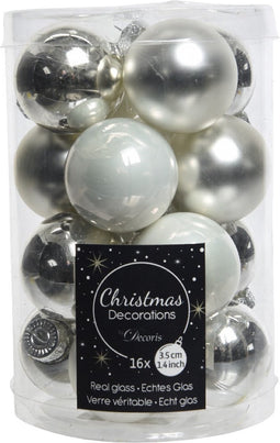 Kerstbal glas d3.5 wit/zilver 16st kerst