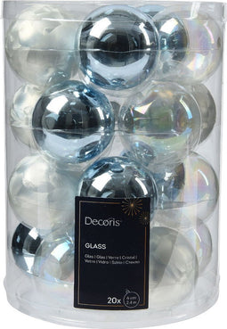 Kerstbal glas d6 cm blauw/wit 20st