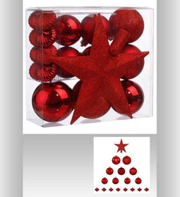 Kerstballenset 18 delig met kerstster rood - 18 stuks - Kerstbal - Kerstster - Kerstversiering - Roodkleurig