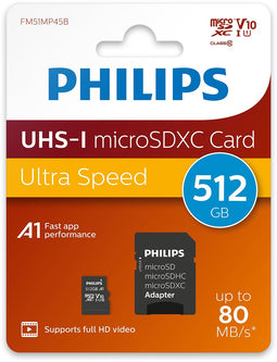 Philips Micro SDXC UHS-I U1 512GB - Class 10 - 80MB/s Leessnelheid - A1 Ondersteuning