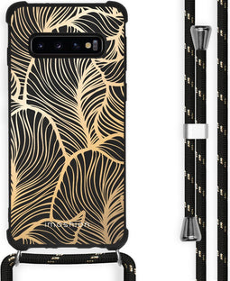 iMoshion Hoesje Geschikt voor Samsung Galaxy S10 Plus Hoesje Met Koord - iMoshion Design Hoesje met Koord - Goud / Zwart / Golden Leaves