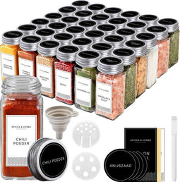 S.old 36 Glazen Kruidenpotjes - Vierkant - 120 mL - 4 Soorten Stickers - 2 Soorten Strooideksels