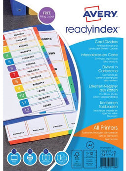 Tabbladen Avery Readyindex 9-gaats 12-delig 1-12 assorti - 10 stuks