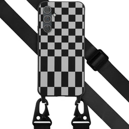Selencia Hoesje Met Koord Geschikt voor Samsung Galaxy A54 (5G) - Selencia Siliconen design hoesje met afneembaar koord - Zwart / Irregular Check Black