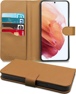 Høyde - Vegan lederen bookcase hoes - 100% Biologisch Afbreekbaar - Geschikt voor Samsung Galaxy S21 - Cognac