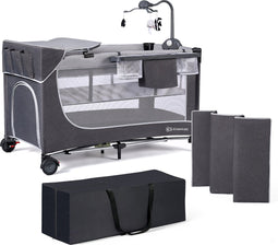 Kinderkraft LEODY ACC - Reisbedje Baby - Muziekmobiel met hanger - Grijs