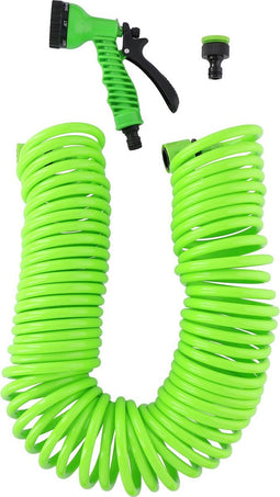Kinzo Flexibele Tuinslag 15 Meter - Incl. Sproeikop en Snelkoppeling - 7 Sprayfuncties - Spiraalslang - Uv-Bestendig - PVC - Groen