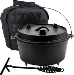 KitchenMonster® Dutch Oven Kookpan - Gietijzeren Pan Ø25.5 - Gietijzeren Pan met Deksel 5 Liter Grillpan - Braadpan Gietijzer Zwart