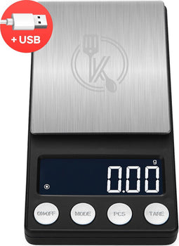 Kitchenwell digitale mini precisie keukenweegschaal - 0,01 tot 200 gram - 14.2 x 7.5 cm - pocket scale USB oplaadbaar - weegschaal keuken - zwart
