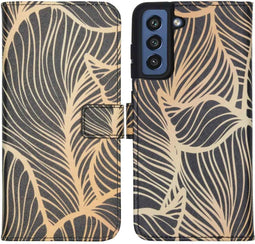 iMoshion Hoesje Geschikt voor Samsung Galaxy S21 FE Hoesje Met Pasjeshouder - iMoshion Design Softcase Bookcase - Goud / Zwart / Golden Leaves