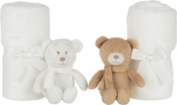 J-Line Plaid beer + dekentje - pluche - wit/beige - 2 stuks