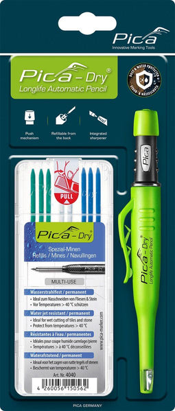 Pica Marker Dry Longlife 3030 - Timmermanspotlood - Navulbaar met geïntegreerde puntenslijper - Groen (8 stuks)