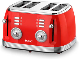 SOGO Retro Broodrooster - Toaster - Ontdooifunctie - 6 Warmteniveaus - 4 Sneden - 1550W - Rood