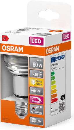 OSRAM Superstar dimbare LED lamp met bijzonder hoge kleurweergave (CRI9-), E27-basis helder glas ,Warm wit (27-K), 345 Lumen, substituut voor 6-W-verlichtingsmiddel dimbaar, 1-Pak
