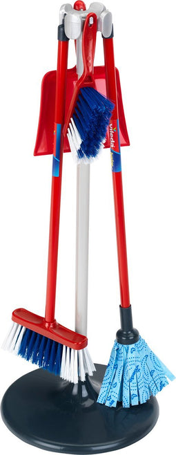 Klein Toys Vileda schoonmaakstation - stoffer, blik, bezem en dweil - incl. station voor ophangen en opbergen - 25x25x66 cm - rood blauw zwart