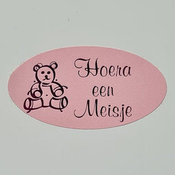 Klika - Etiket Hoera een meisje roze/magen ovaal - 20 stuks