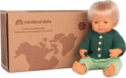 Miniland Poppen: POP EUROPESE JONGEN met KLEERTJES 38cm, met vanillegeur, waterdicht, anatomisch correct, in vinyl, in geschenkdoos. Made in Spain, 3+