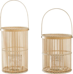 Bloomingville - Windlicht - Bamboe/Glas - Set van 2 - Ø17xH30/Ø19xH25cm (2 stuks)