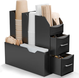 Koffie organizer - Met 2 laden en 10 vakken, Voor koffiecapsules, suikerzakjes, bekers, roerstaafjes, servetten of room - Koffie organizer, Thee organizer, Tafel organizer - Zwart - ACROPAQ