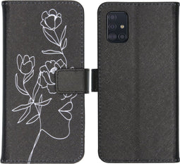 iMoshion Hoesje Geschikt voor Samsung Galaxy A51 Hoesje Met Pasjeshouder - iMoshion Design Softcase Bookcase - Wit / Zwart / Woman Flower Black