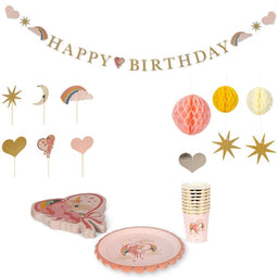 Konges Sløjd Happy Birthday kit - Bekers, ballon, slinger, servetten, taarttopper, pompon - Unicorn