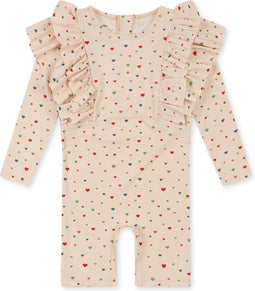 Konges slojd Manuca frill onesie playsuit / Zwempak - Multi hearts - Maat 9 maand