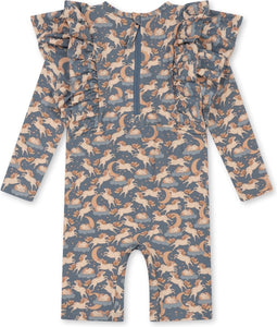 Konges slojd Manuca frill onesie playsuit / Zwempak - Unicorn blue - Maat 9 maand