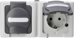 Kopp 131256002 BlueElectric Compleet Wandcontactdoos met randaarde en klapdeksel spatwaterdicht Grijs 2-voudig