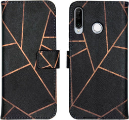 iMoshion Hoesje Geschikt voor Huawei P30 Lite Hoesje Met Pasjeshouder - iMoshion Design Softcase Bookcase - Goud / Zwart / Black Graphic