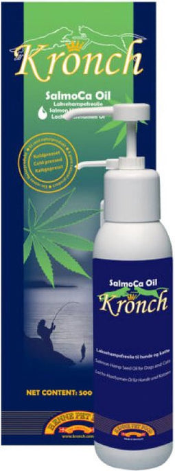Kronch Salmoca Olie: supplement voor hond en kat - koudgeperste zalmolie en hennepzaadolie in één met doseerpomp 500 ml Salmoca Olie