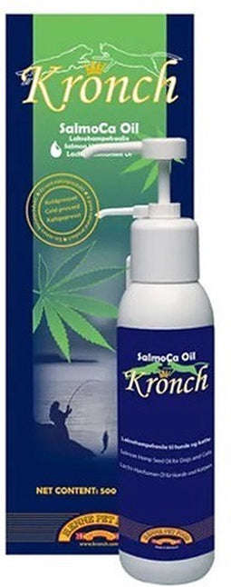 Kronch Salmoca Olie: supplement voor hond en kat - koudgeperste zalmolie en hennepzaadolie in één met doseerpomp 250 ml