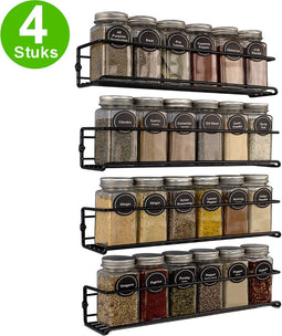 Kruidenrek Ophangbaar - 4 stuks - Hangend Kruidenrek - Kruidenrek Voor Kruidenpotjes - Mat Zwart - Keukenkast Organizer - Ophangbare rekjes - RVS - Geschikt voor 24 potjes