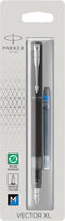 Parker Vector XL vulpen | metallic zwarte lak op messing met chroom detail | medium penpunt met blauwe inkt navulling