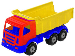 Speelgoed rood/geel/blauwe kiepwagen auto voor jongens 41 cm - Buiten/binnen speelgoed auto's - Vrachtwagen met laadklep/oplegger