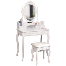 Ktaxon Make-Up Tafel Met Ovale Spiegel - Inclusief Kruk - 4 Lades - 75 x 40 x 142.5 - Wit