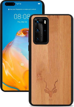 Kudu Huawei P40 hoesje case - Houten backcover - Handgemaakt en afgewerkt met duurzaam TPU - Bamboe - Zwart