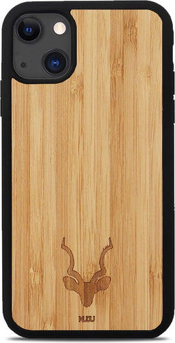Kudu iPhone 13 hoesje case - Houten backcover - Handgemaakt en afgewerkt met duurzaam TPU - Bamboe - Zwart