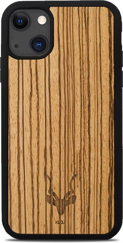 Kudu iPhone 13 MINI hoesje case - Houten backcover - Handgemaakt en afgewerkt met duurzaam TPU - Zebrano - Zwart