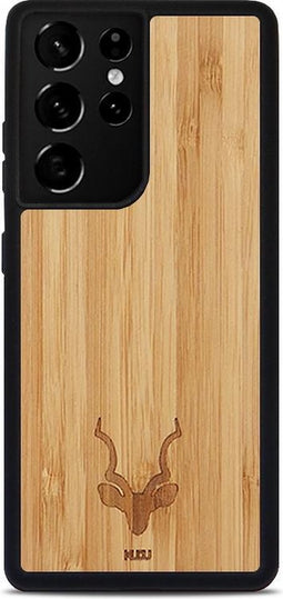 Kudu Samsung Galaxy S21 Ultra hoesje case - Houten backcover - Handgemaakt en afgewerkt met duurzaam TPU - Bamboe - Zwart