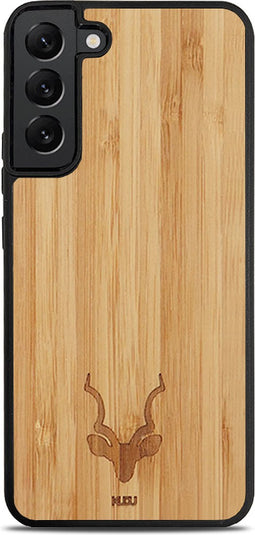 Kudu Samsung Galaxy S22 hoesje case - Houten backcover - Handgemaakt en afgewerkt met duurzaam TPU - Bamboe - Zwart