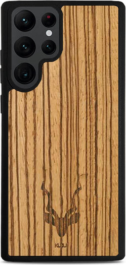 Kudu Samsung Galaxy S22 Ultra hoesje case - Houten backcover - Handgemaakt en afgewerkt met duurzaam TPU - Zebrano - Zwart