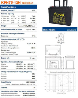 Kung Long KPH75-12NE loodbatterij 12 volt 75Ah met M6 binnendraad