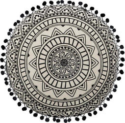 Kussen Rond Katoen - Sierkussen Rond - Mandala - Zwart-Wit - Diameter 40 cm