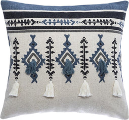 Kussensloop ETNIK macramé pompon 40x40, blauw grijs