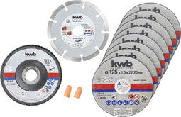 kwb dunne doorslijpschijven + diamant- en slijpschijf Ø 125 mm voor haakse slijpers, doorslijpschijf voor RVS INOX in opbergdoos inclusief oordopjes AFM. 125 x 1 x 22,23, 10 stuks (verpakking van 1)