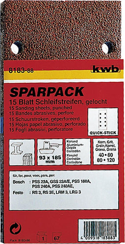 KWB schuurstrook 93 x 185 mm - Korrel 40, 60, 80 en 120 - 818318 - Assorti 15 stuks