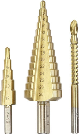 kwb-trapboor, 3-delige set met freesboor, 1 x 4 - 12 mm, 1x 4 - 30 mm, 1x 6 mm, titanium genitreerd oppervlak