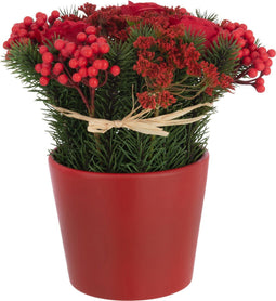 J-Line kunstplant Rozen + Bessen In Pot - cement/kunststof - rood/groen